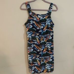 Squish 100% Rayon Hawaiian Surfer Print Sleeveless Summer Dress Size Large